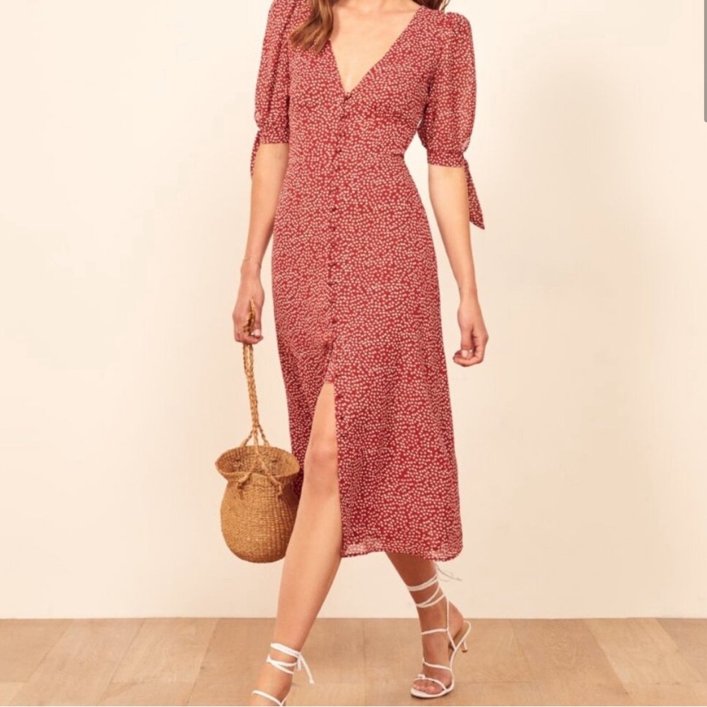 Reformation Midi Dress Red with Floral Print Dress